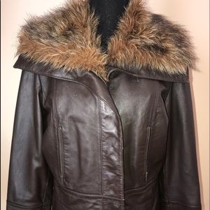 Vintage Genuine Leather with Fur Collar Coat